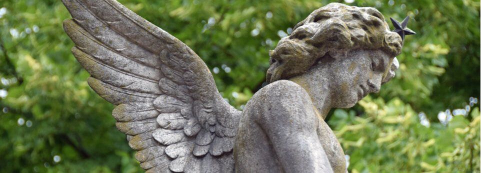 Statua di angelo in pietra con le ali spiegate, su uno sfondo verde sfocato di un giardino.