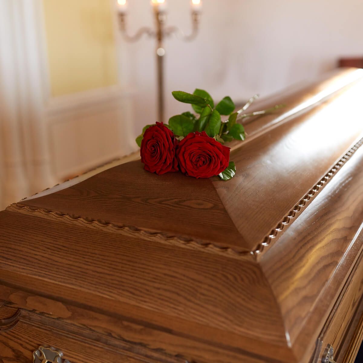 Rose rosse adagiate su una bara di legno lucido in una stanza illuminata da una luce soffusa.