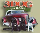 A red car with three dogs standing next to it.