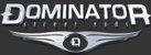 A close up of a dominator logo on a black background.