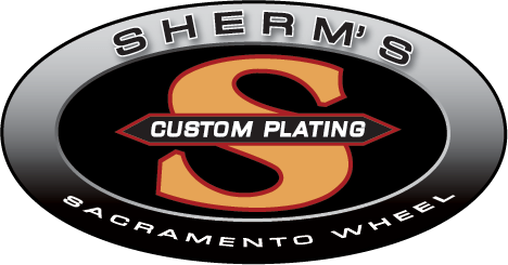A logo for sherm 's custom plating sacramento wheel