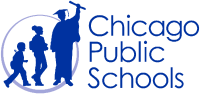 A logo for chicago public schools with a statue of liberty and two children.