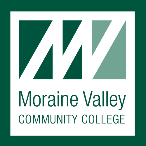 The moraine valley community college logo is green and white