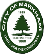 The city of markham seal is a green circle with a pine tree in the center.
