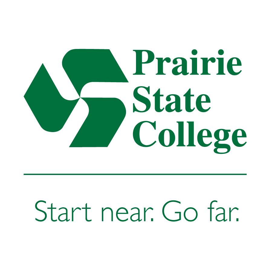 The prairie state college logo is green and white and says start near go far.