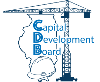A logo for the capital development board with a crane and a hard hat