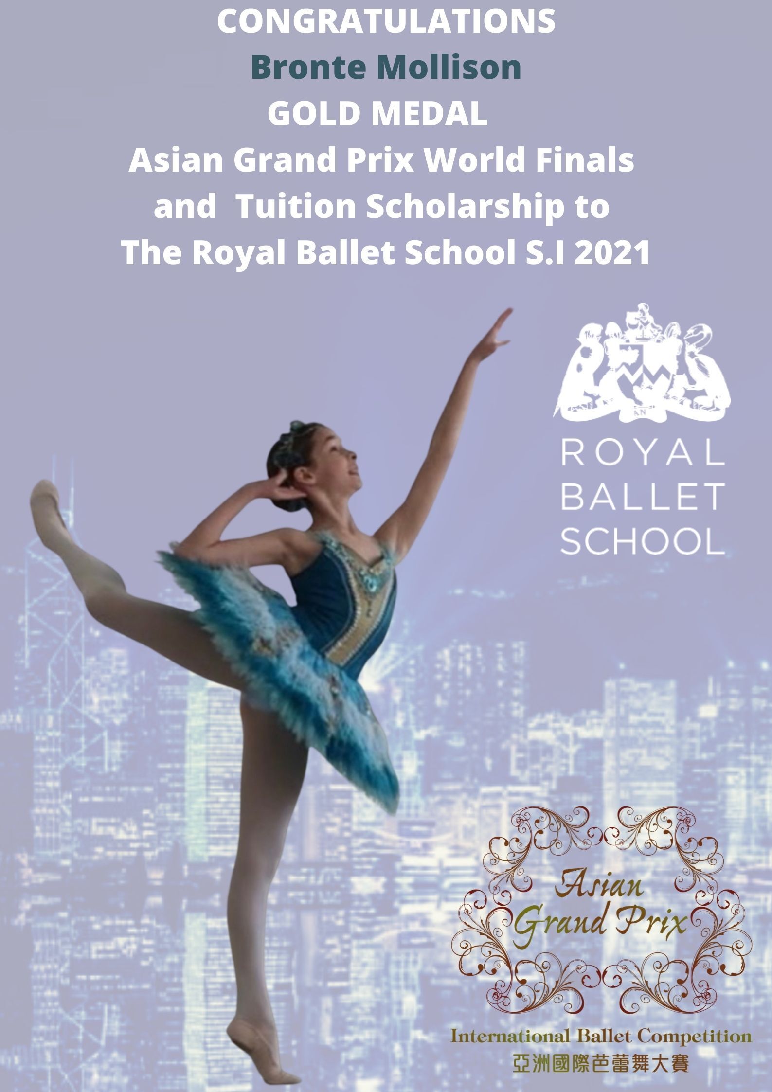 A ballet dancer in a tutu, on a poster. The poster congratulates Bronte Mollison on a gold medal and scholarship.
