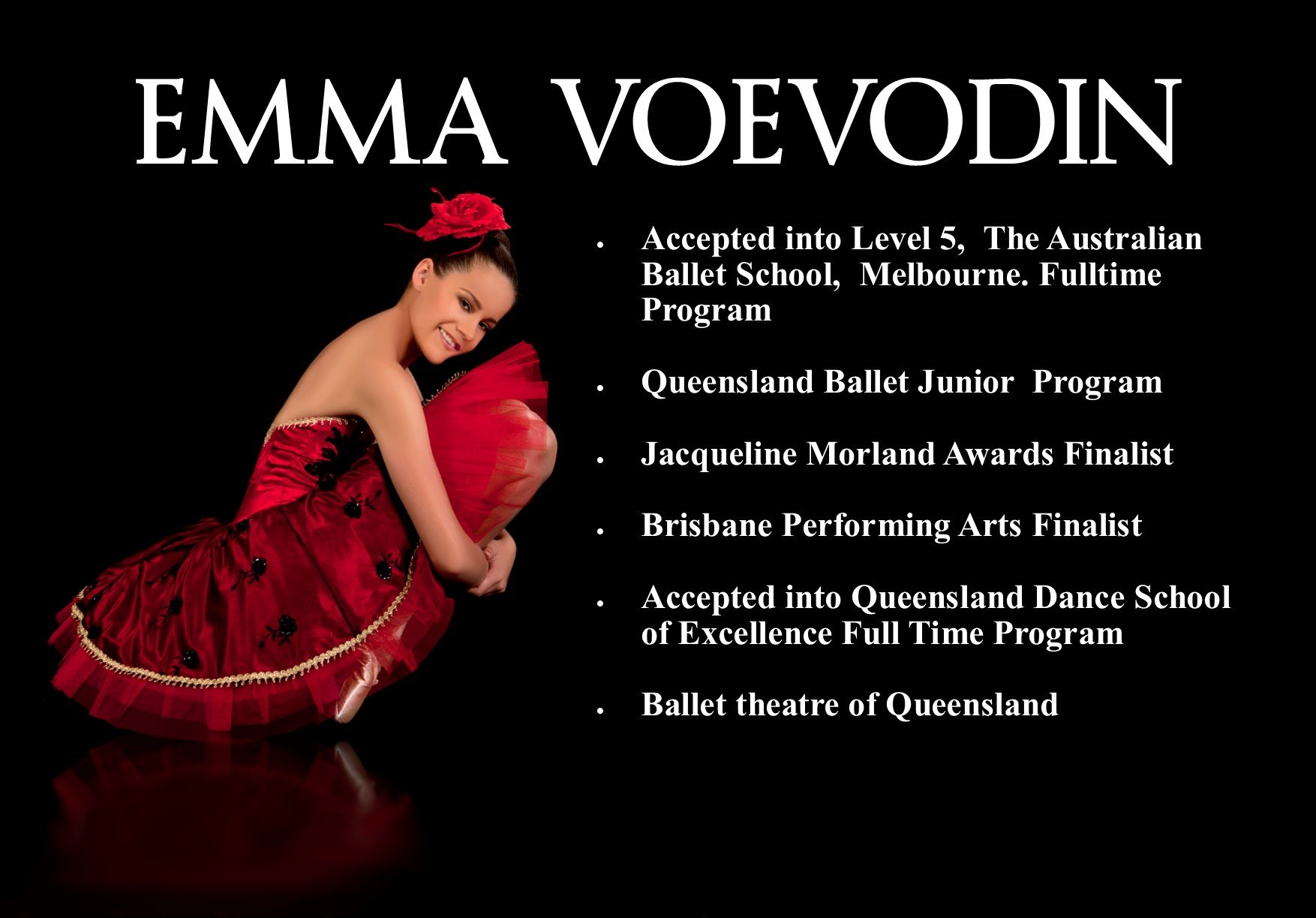 Emma Voevodin in a red dress, ballet dancer, with accomplishments listed.