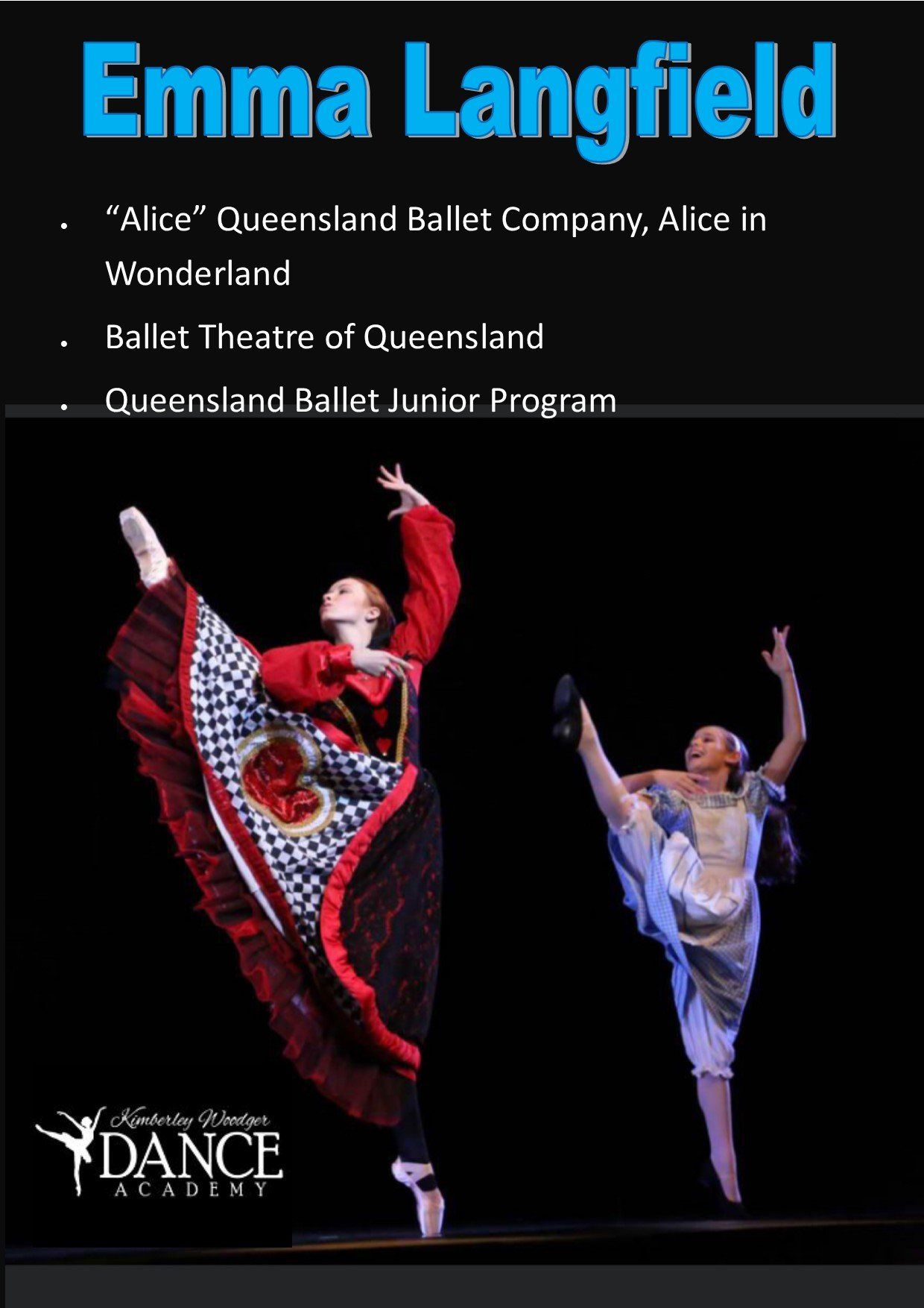 Dancer in red costume and white dress in ballet poses, with text listing achievements.