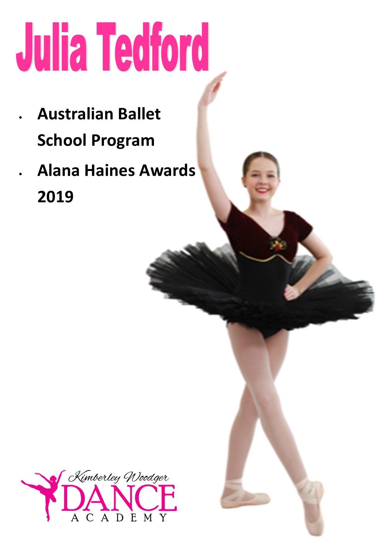 Julia Tedford, ballerina in a black tutu, arms raised. Details list her achievements at dance school.