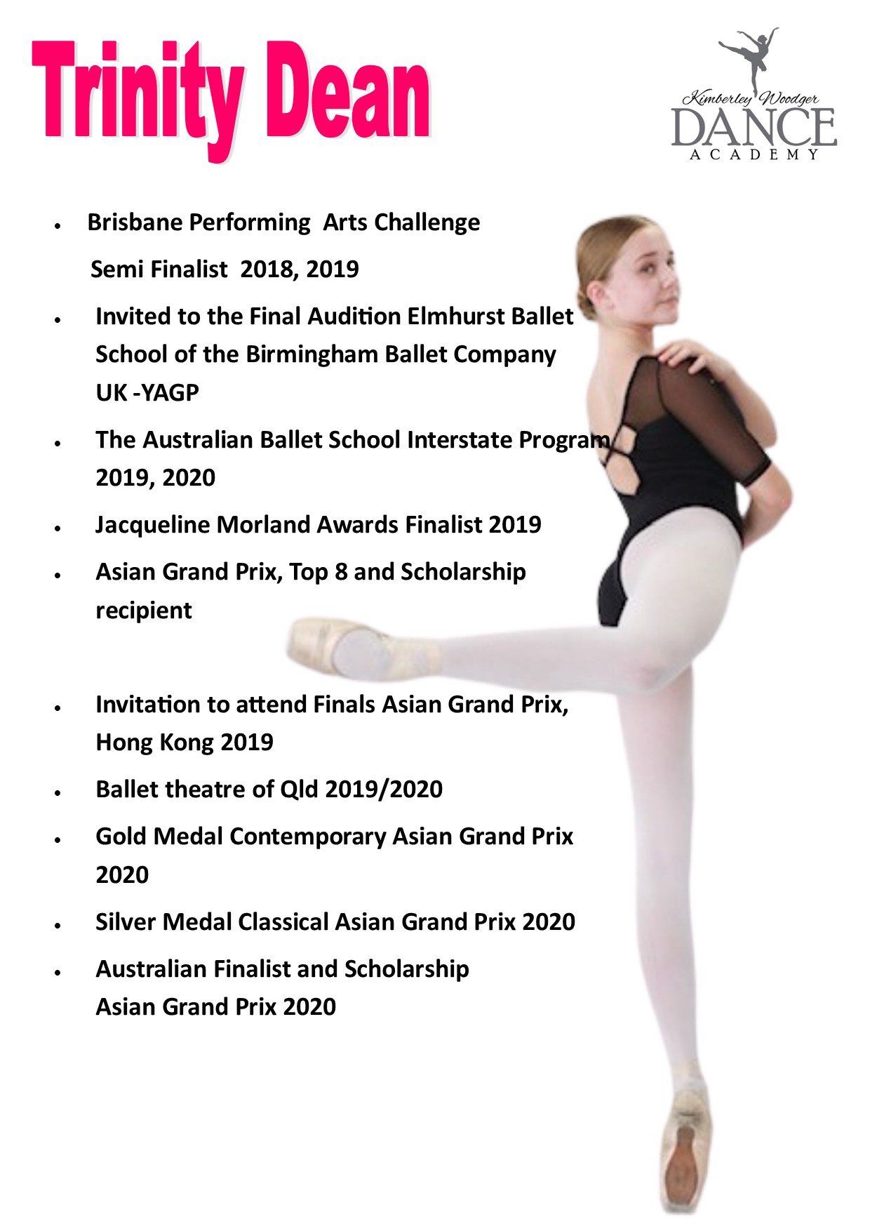 Ballet dancer, Trinity Dean, with a list of achievements. The dancer is wearing a black top and white tights.