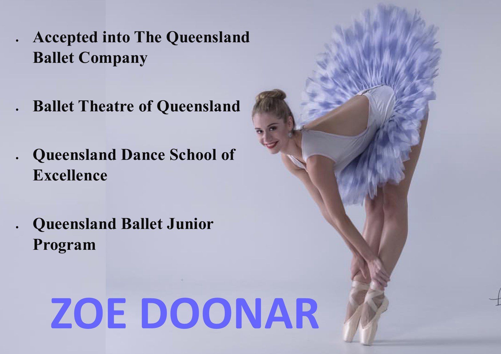Ballerina in a tutu, smiling, with text listing ballet accomplishments and the name