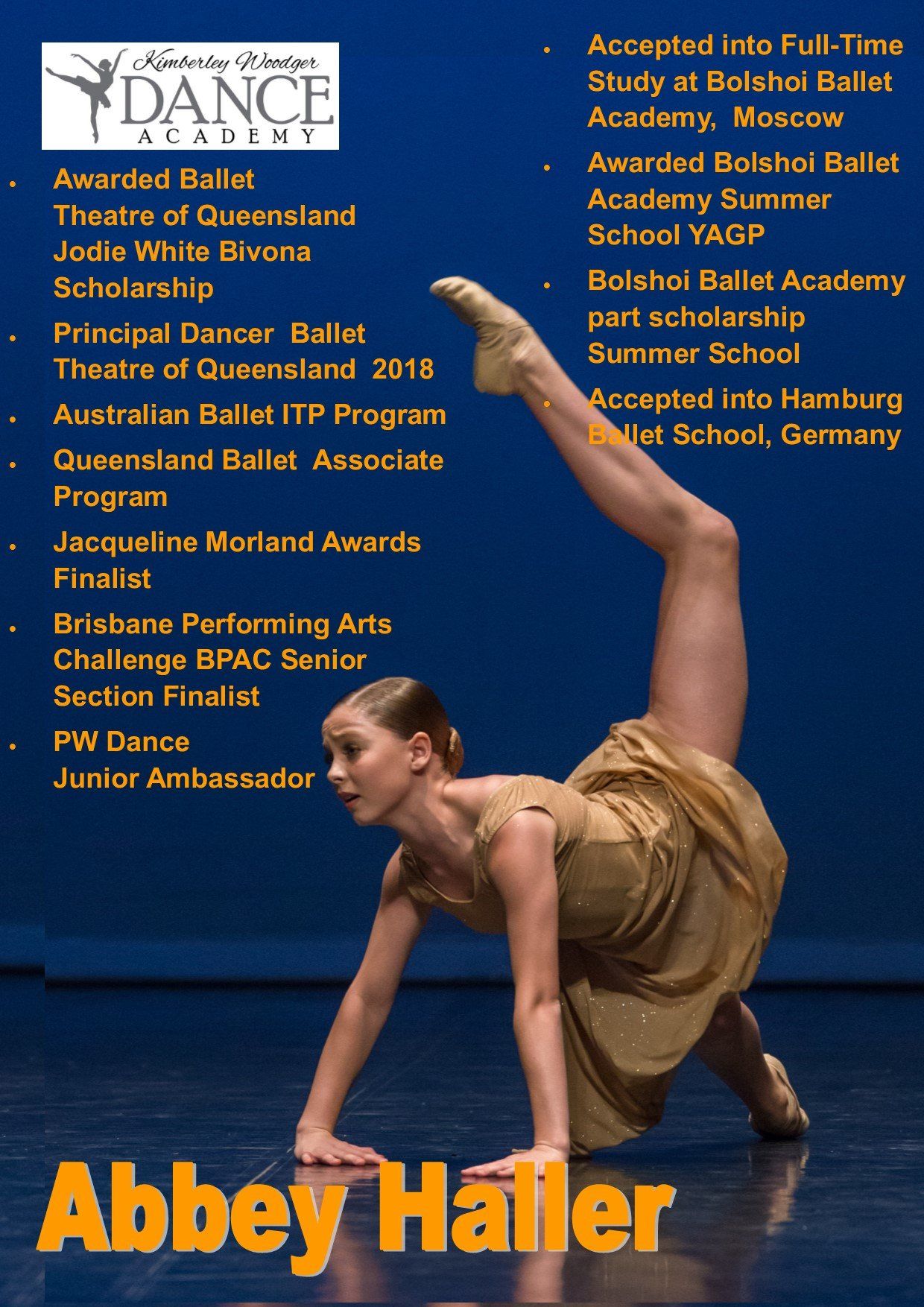 A dancer in a golden dress is doing a ballet pose. Text mentions her achievements and academy acceptances.