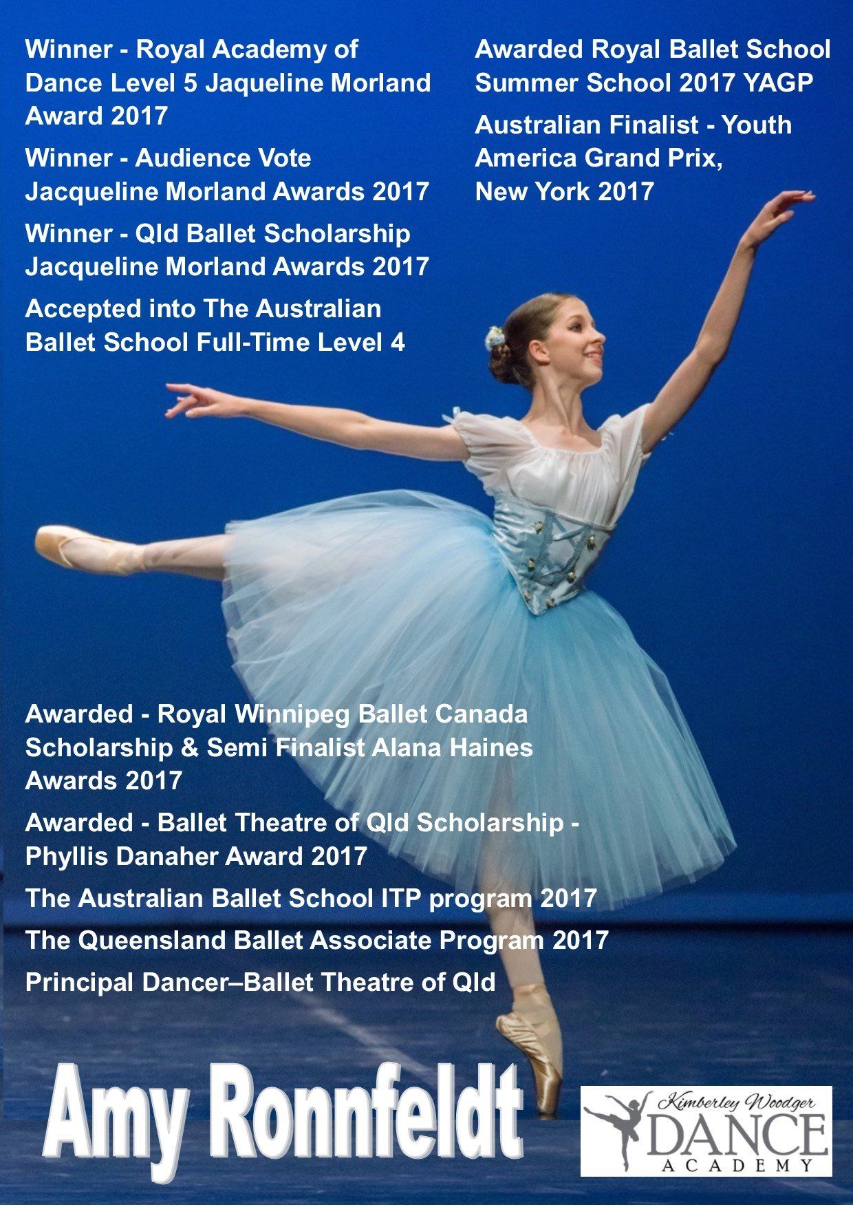 Amy Ronnfeldt in ballet pose, blue tutu, awards listed on blue background, dance academy logo.