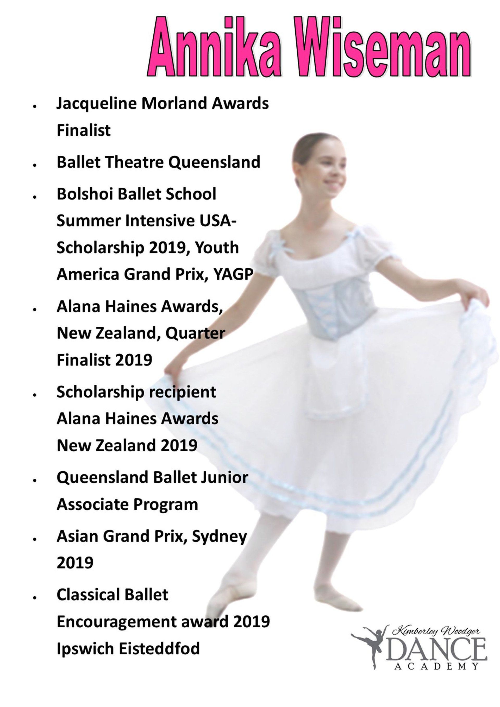 Young ballet dancer, Annika Wiseman, with her achievements. White dress, ballet pose.