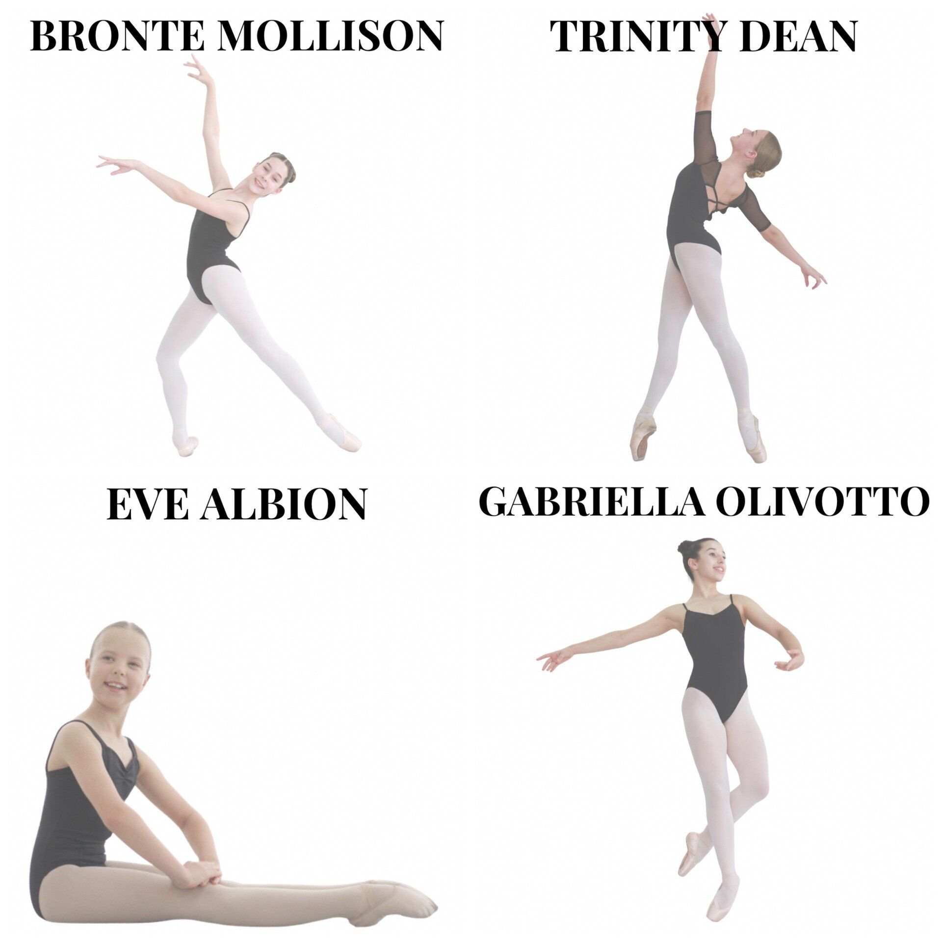Four ballet dancers in black leotards and pink tights in various poses: Bronte Mollison, Trinity Dean, Eve Albion, and Gabriella Olivotto.