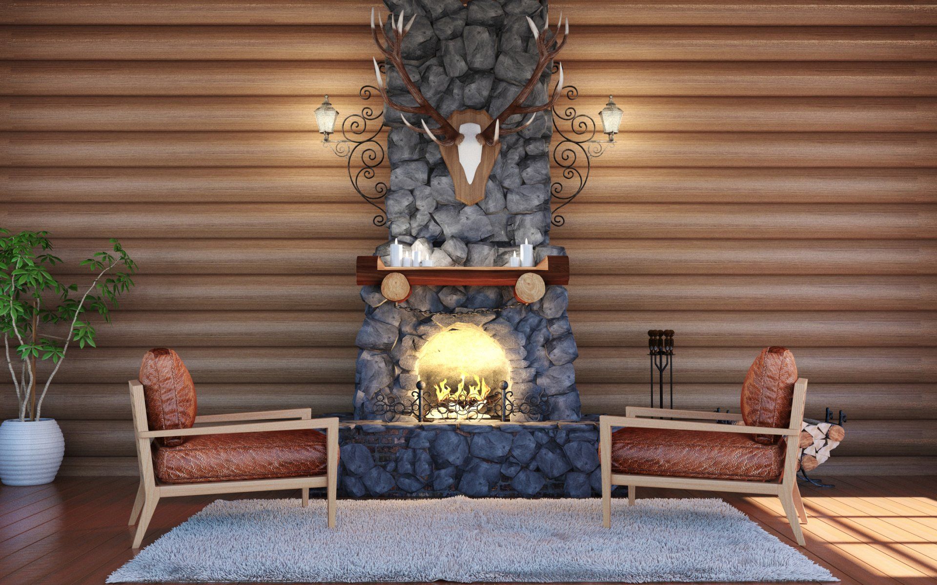 Cozy cabin living room with fireplace, two armchairs, and deer antlers. Wooden walls and rug.