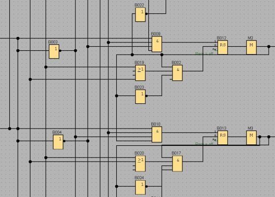 Logisch schakelschema met onderling verbonden AND-, OR- en andere poorten. Grijze achtergrond met gele blokken en zwarte lijnen.