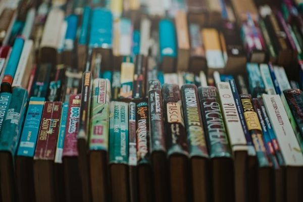 Boeken op elkaar gestapeld, ruggen zichtbaar, diverse kleuren en titels.