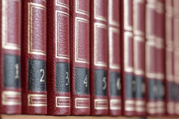 Een rij bordeauxrode boeken met gouden rand, genummerd van 1 tot en met 6 op zwarte rugetiketten.