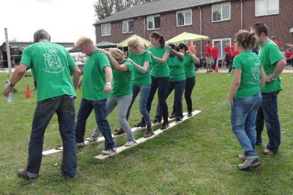 Mensen in groene shirts balanceren op een houten balk tijdens een teambuildingactiviteit in de buitenlucht op een grasveld.