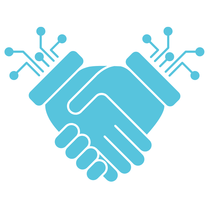 Handshake icon with digital circuit elements representing technology partnership