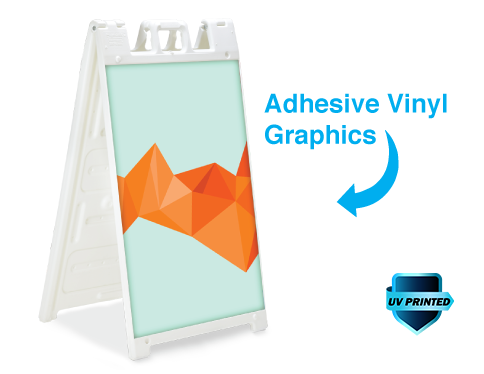 A white A-frame sign with geometric orange graphics on a light teal background, labeled as adhesive UV-printed vinyl.