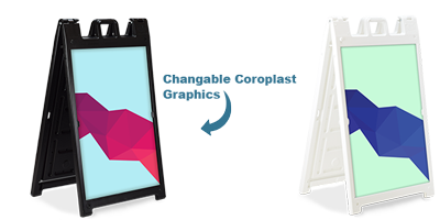 A black and a white A-frame sign with changeable, geometric-patterned Coroplast graphic inserts.