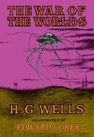 Book cover illustration for a special edition of the HG Wells novel The War Of The Worlds in 1960 shows a Martian tripod with spindly legs moving over a grassy hill with a pinkissh-purple sky background. illustration by Edward Gorey