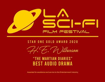 Yellow lettering against a reddish brown bcground depicting the L.A. Sci-Fi Film Festival Awards 2020 - Gold award for Best Audio Drama