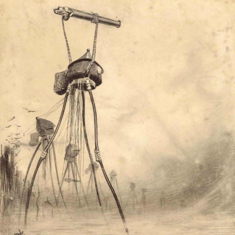Black and sepia illustraiion of a line of Martian tripods by Alvim Correa for the HG Wells novel The War Of The Worlds in 1906.