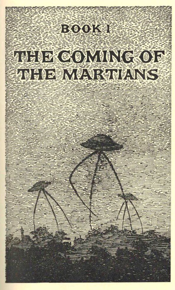 Black and sepia line drawing of three Martian tripods striding over a tree-lined landscape, by illustrator Edward Gorey, for a special edition of the HG Wells novel The War Of The Worlds in 1960