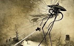 Sepia and black illustration of Martian tripods for the H.G. Wells novel The War Of The Worlds by Alvim Correa in 1906.
