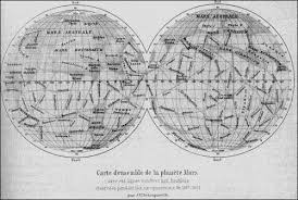 Black and white image of a 19th century map of Mars, drawn by astronomer Giovanni Schiaparelli in the 1870s, depicting 'canali' (straight lines or channela).