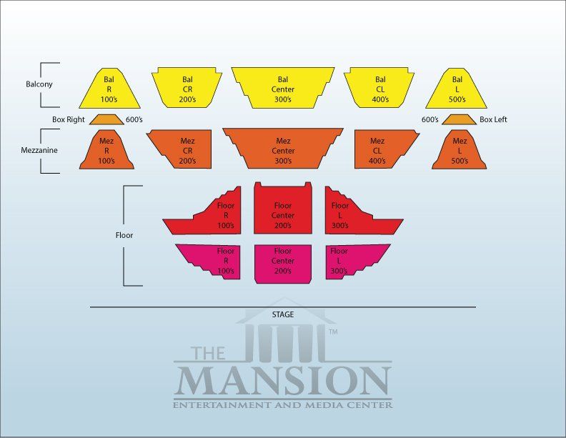 Seating chart for The Mansion Entertainment & Media Center. Various colored sections represent seating levels and areas.