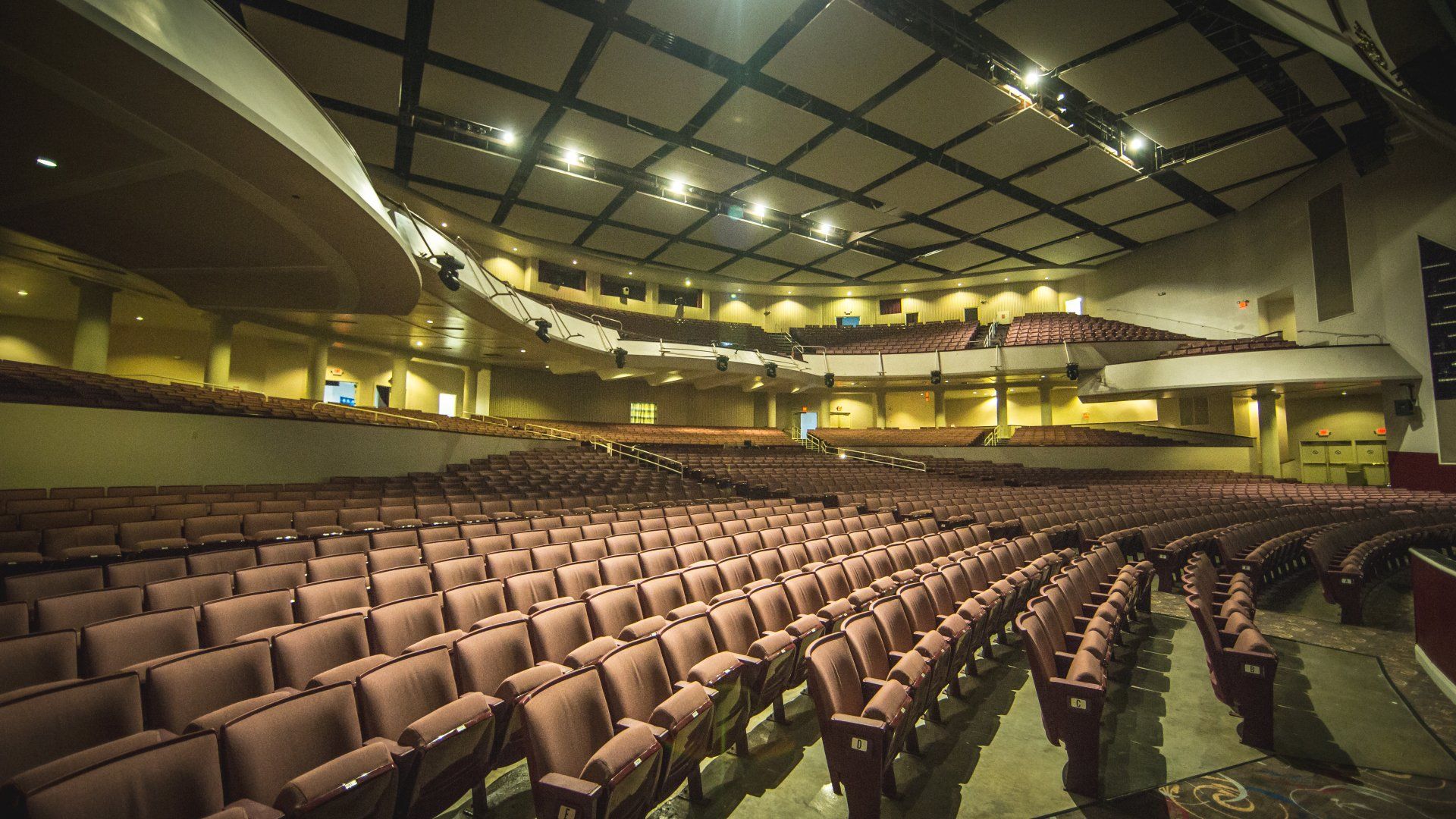 Empty auditorium with rows of brown seats, elevated seating tiers, and stage lighting.