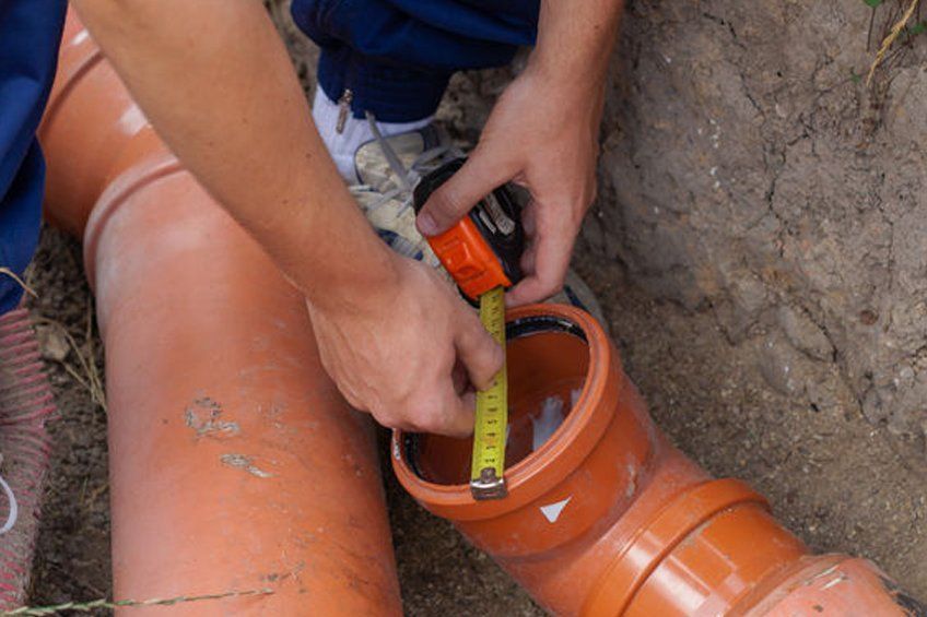 A person is measuring a pipe with a tape measure.