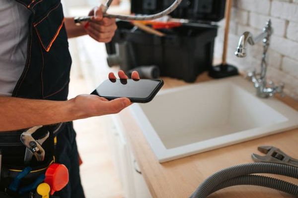 Expert Holding A Phone — Logan, OH — Peters John Plumbing & Heating Plumber holding phone near a sink, tools visible. In a kitchen setting, wearing work clothes.