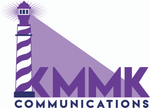 KMMK Communications logo. Purple and white lighthouse with the letters spelling the name.