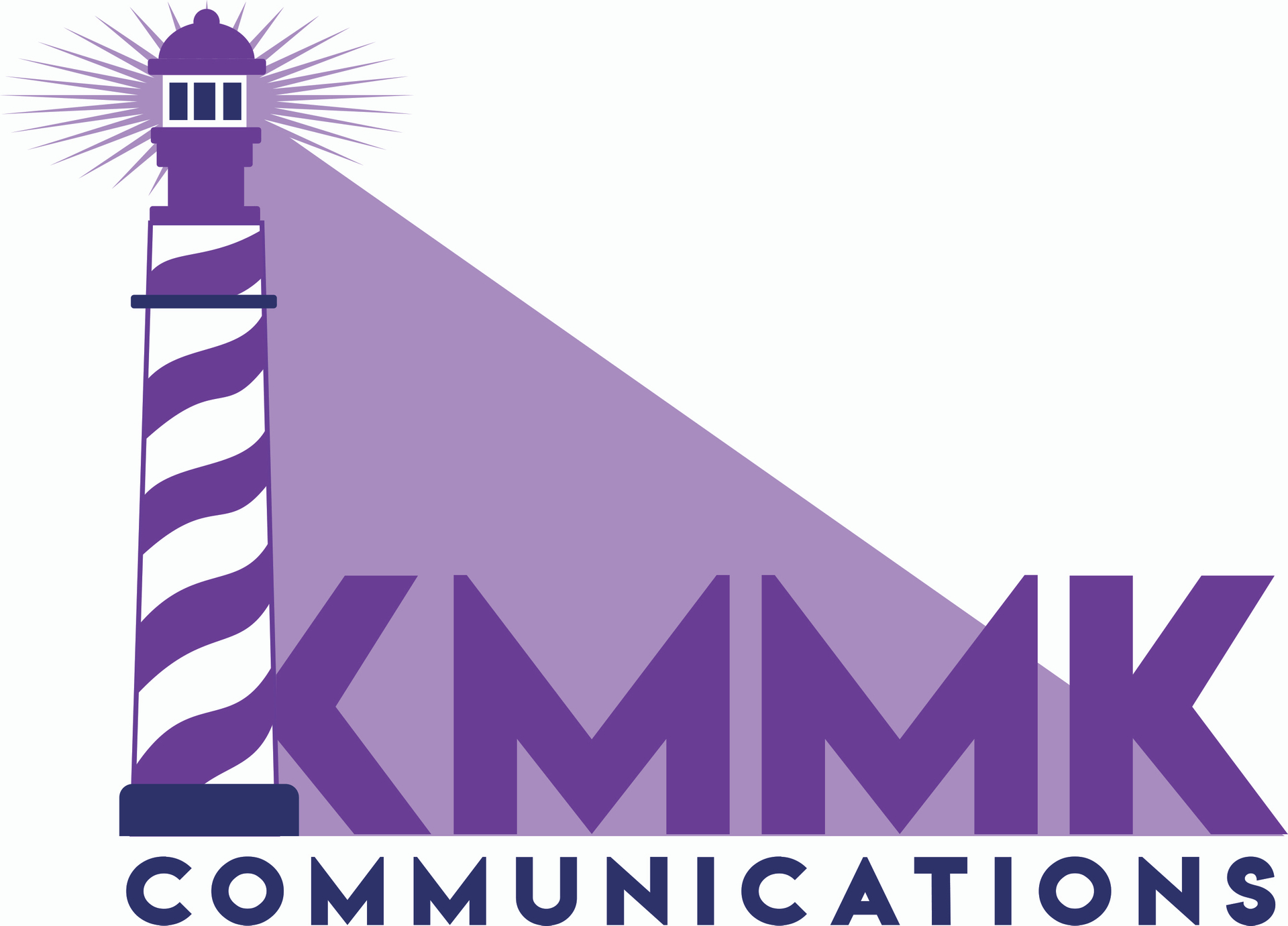 KMMK Communications logo. Purple and white lighthouse with the letters spelling the name.