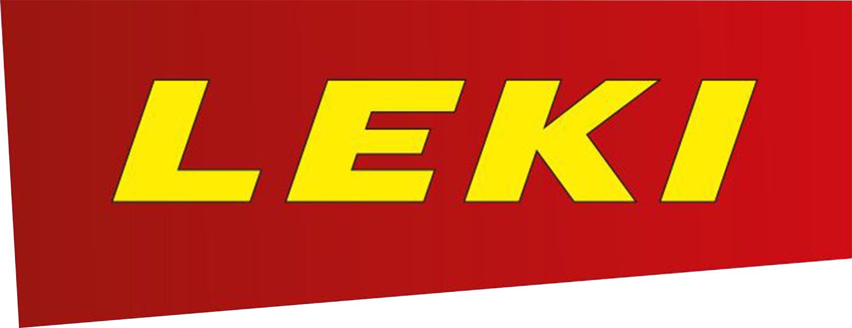 A red and yellow leki logo on a white background