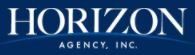 The logo for horizon agency inc. is on a blue background.