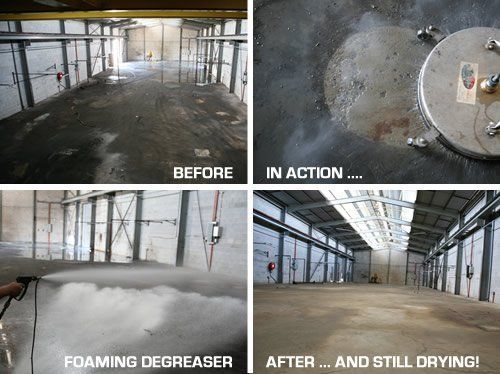 Industrial factory floor cleaning. Heavy duty degrease work.