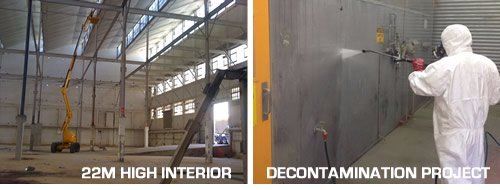 Industrial pressure cleaning at heights and an industrial decontamination clean-up. 