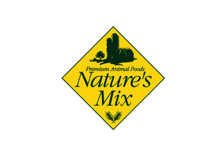 Yellow diamond Nature’s Mix pet food logo with green leaves and script text