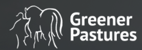 Logo with white cow outline and the words “Greener Pastures” on a gray background