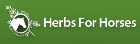 Herbs For Horses logo on green background with white horse silhouette and herb leaves
