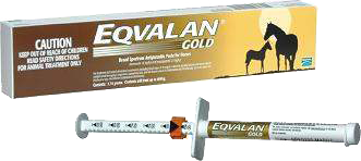 EquaLan Gold horse dewormer box with syringe and camel-and-horse silhouette on the package