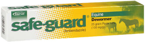 Safeguard horse dewormer box in green and yellow packaging with horse silhouette and product name