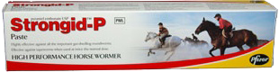 Strongid-P horse wormer box with red logo and horses racing across a blue sky background
